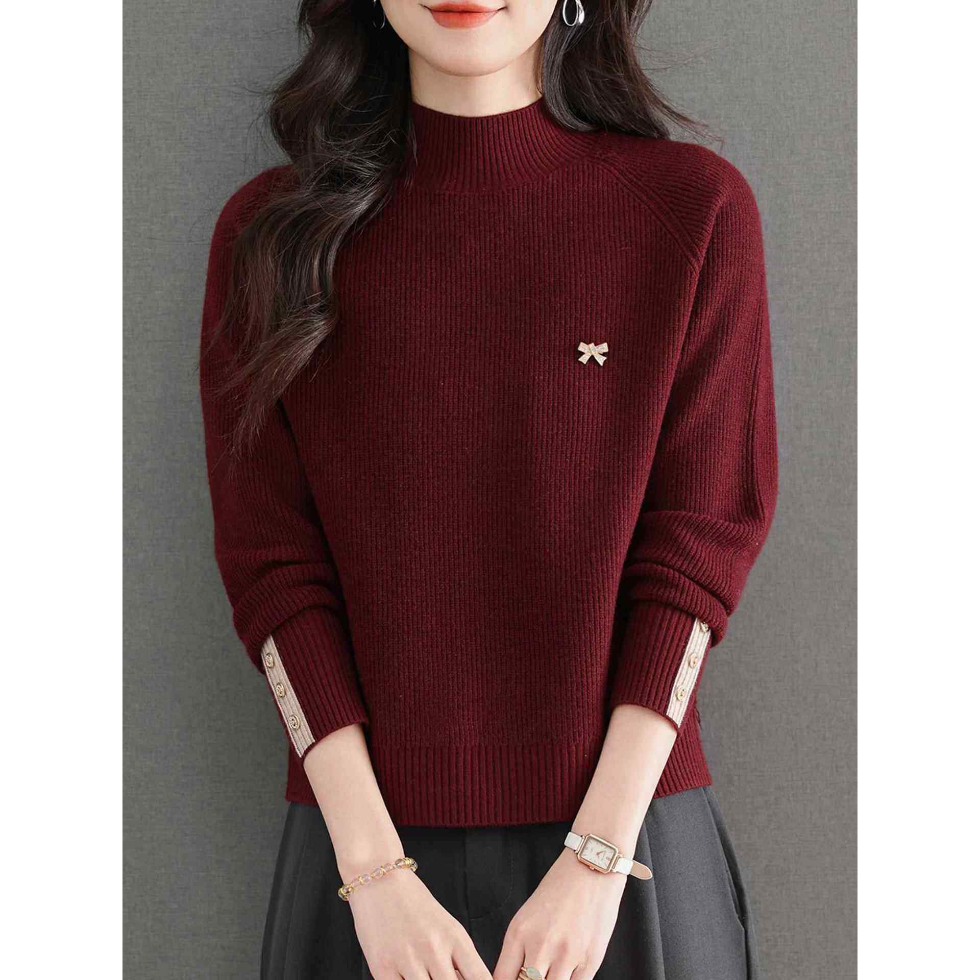 半高领红色毛衣女秋冬2025新款小个子短款针织打底衫洋气内搭上衣