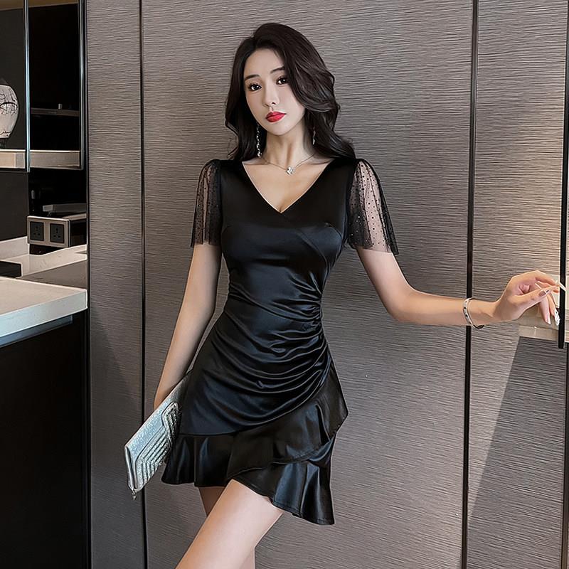 足疗女技师衣服遮肚子超显身材连衣裙夏季荷叶边短裙子夜总店辣妹