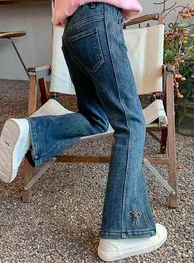 英国Next Kiss女童牛仔裤春季新款儿童洋气刺绣蝴蝶结修身喇叭裤