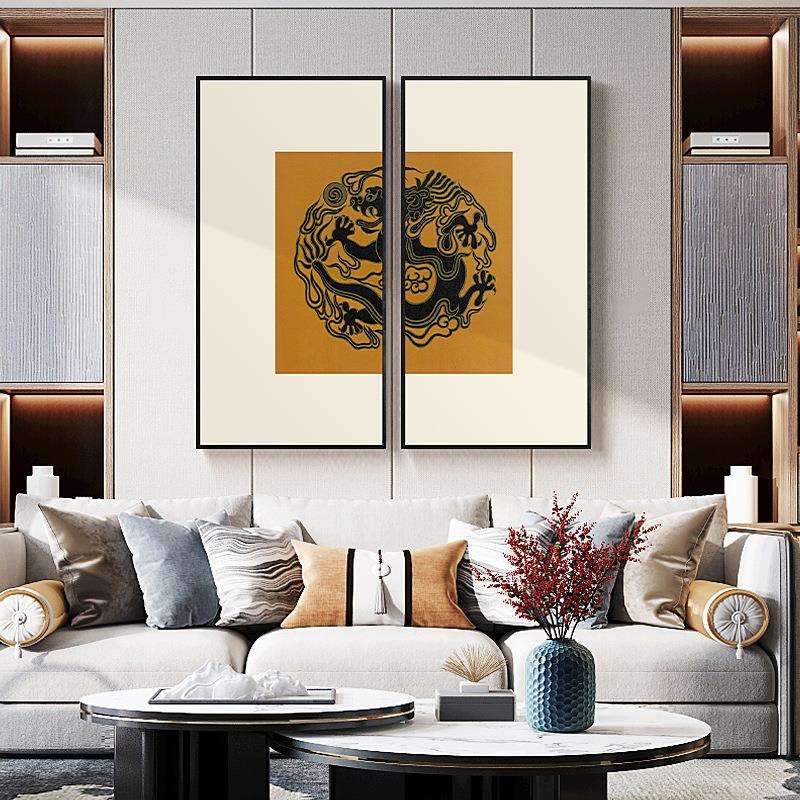 情深愿重 新中式传统图案玄关柜装饰画图腾挂画双联样板间壁画