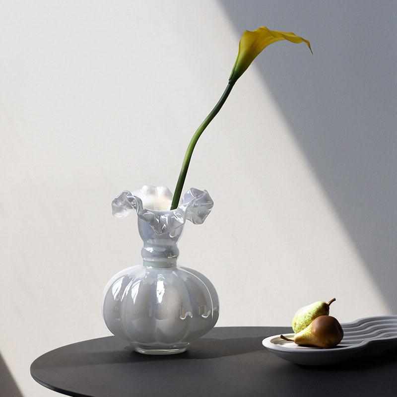 博西家居 珠光白芬顿法式荷边玻璃花瓶摆件高级家居客厅轻奢花器
