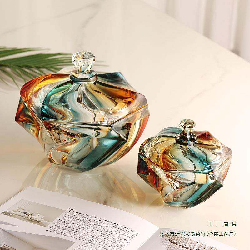 创意水晶玻璃糖缸异型带盖干糖果罐轻奢翡翠金糖盒加厚储物罐日用