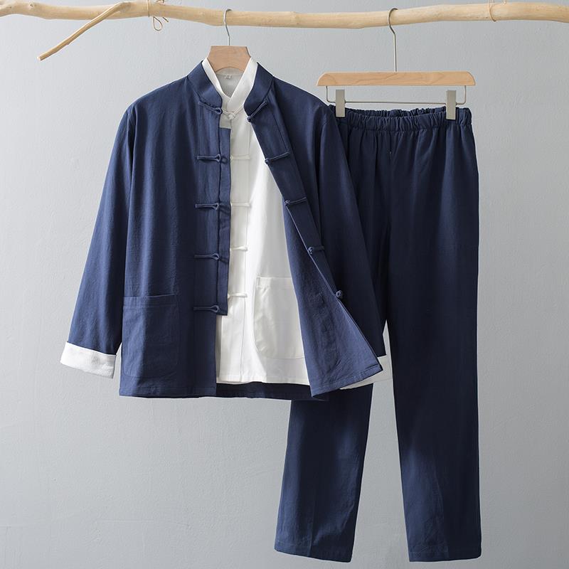 高档唐装男款式国风长袖套装春秋中国潮中复古男装中老外年套长衫