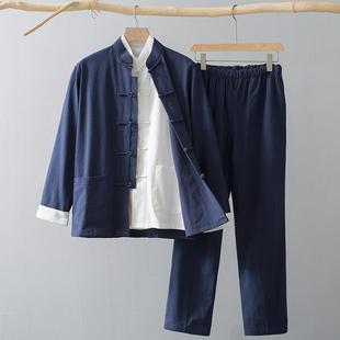 高档唐男款中复国风长袖套装春秋潮中装式古男装中老年国外套长衫