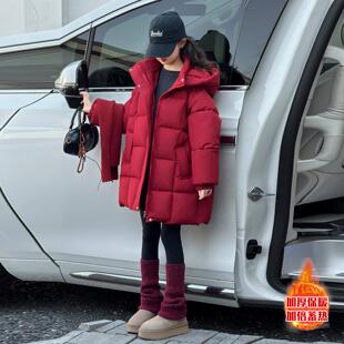 女童红色棉服2026冬季新款儿童加厚拜年服中长款大童冬装保暖外套
