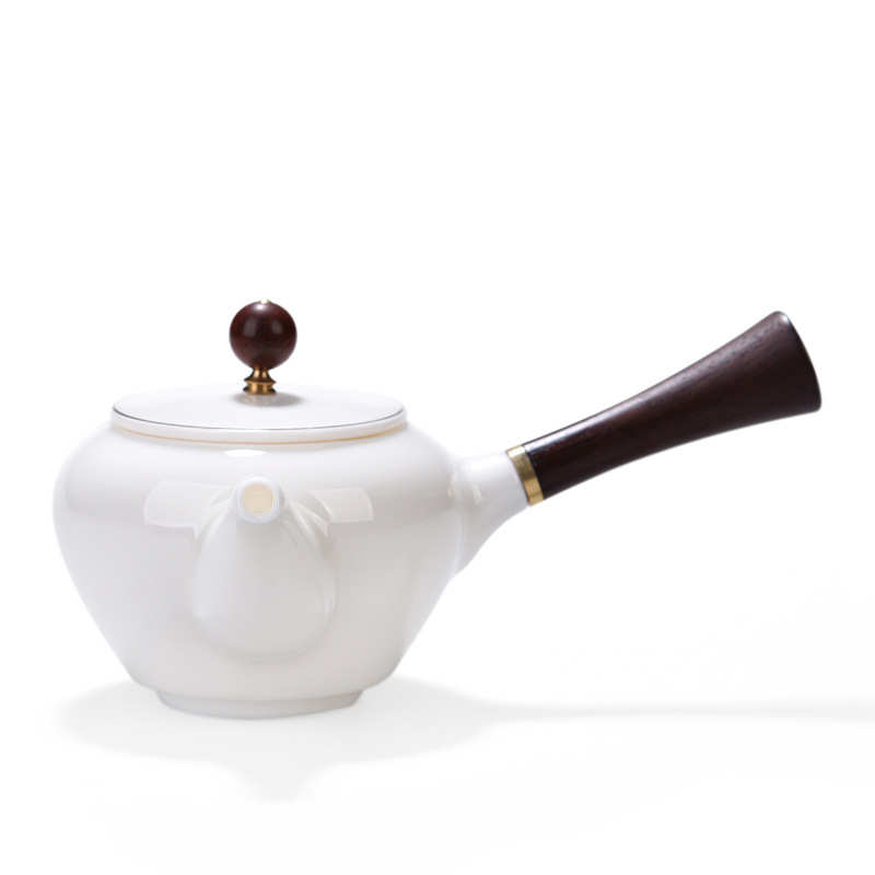 黑檀木侧把白瓷茶壶 日式功夫茶道泡茶器 羊脂玉瓷德化白瓷茶具单