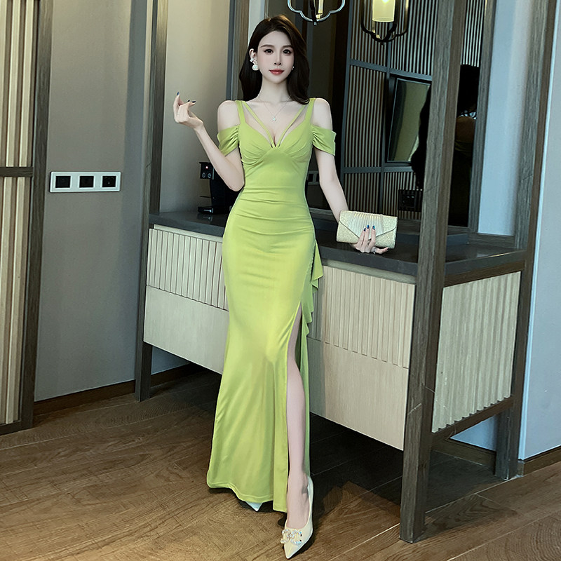 时尚低胸露肩长裙吊带连衣裙性感晚礼服夜总会上班佳丽工衣夏