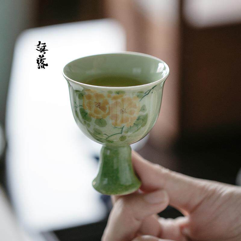 无落 景德镇果青釉下彩手绘簇拥高足主人杯手工陶瓷茶杯品茗杯