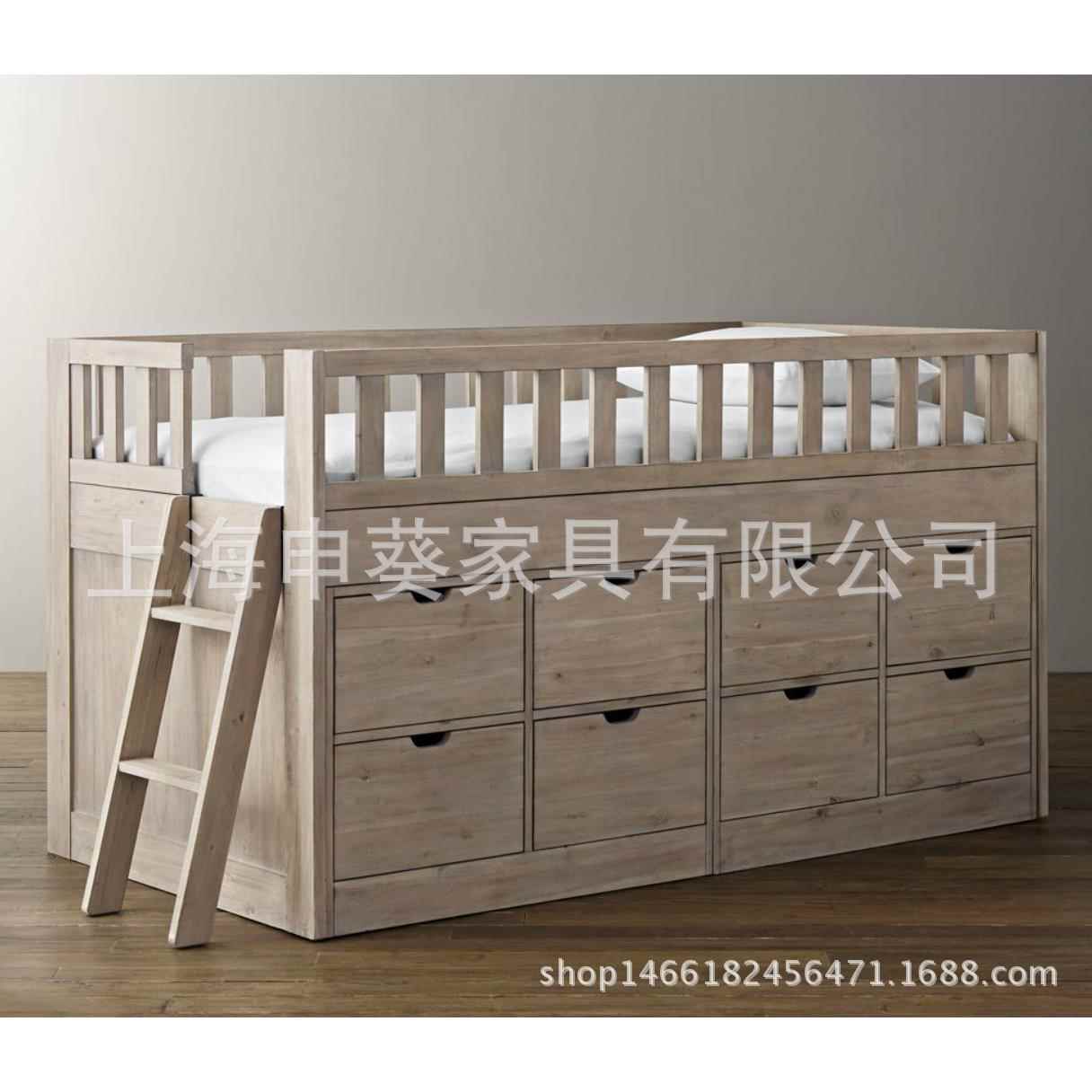 美式乡村纯实木儿童床多功能储物床带扶梯护栏床创意男孩床家用