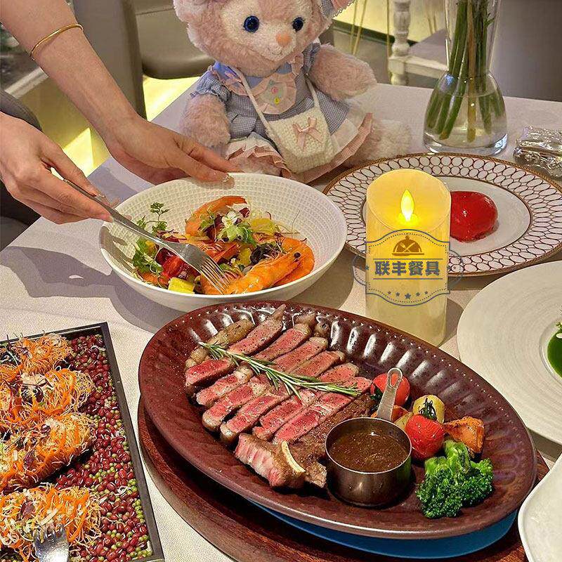 耐高温陶瓷牛排盘新款牛扒盘椭圆形哑光宫廷法式西餐熟成盘烤箱盘