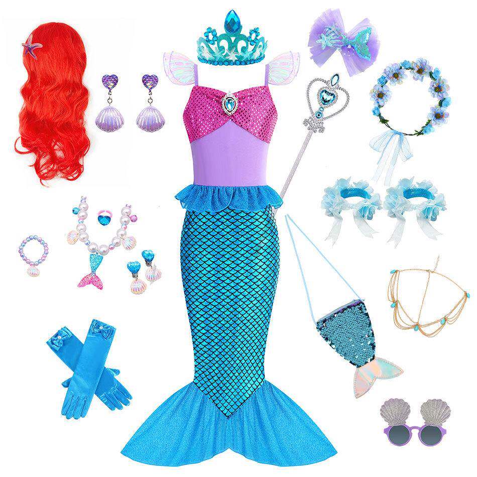 Mermaid Tail Princess Dress Set, Kids Halloween
