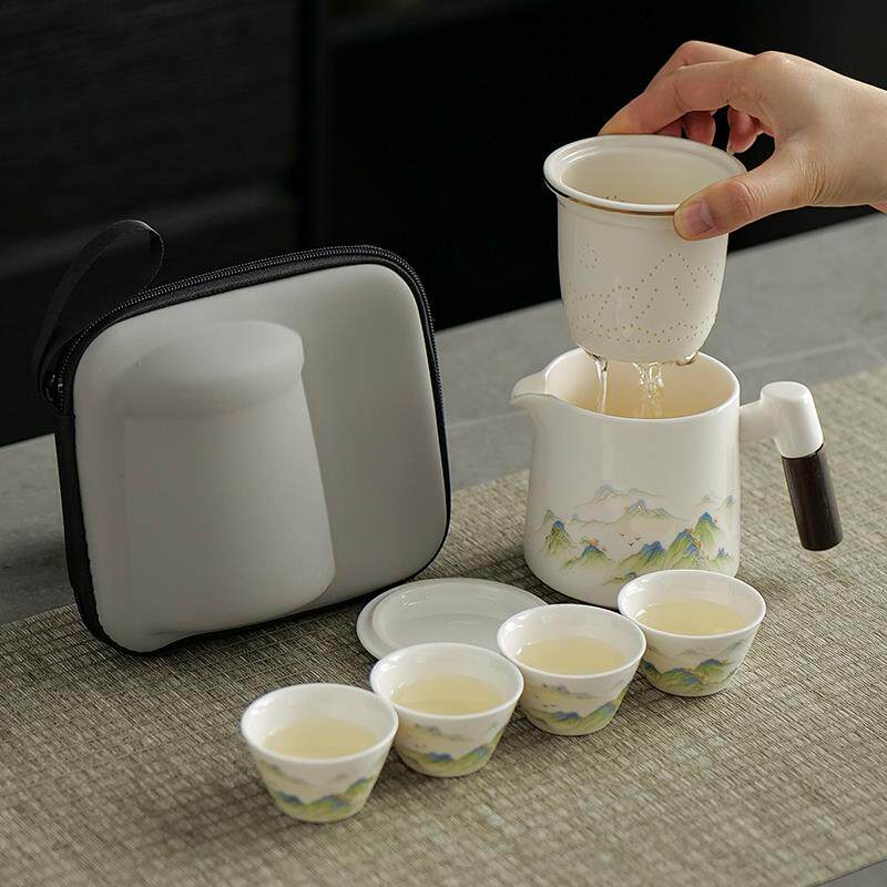 有言套杯外羊脂玉白旅行功夫茶套具套组露营出瓷一壶四杯泡茶壶可