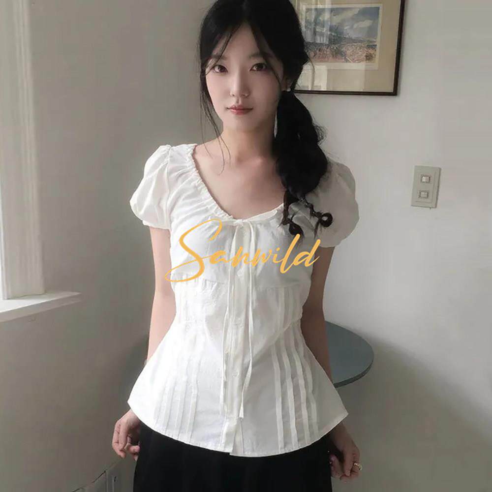sanwild韩系新款甜美修身系带设计百搭显瘦泡泡袖t衬衫短袖上衣女