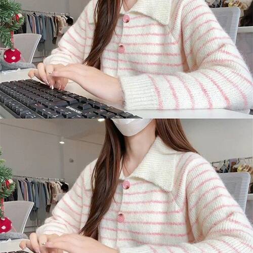 上衣日系甜美粉色条纹翻领针织开衫女秋冬季新款宽松显瘦百1002d