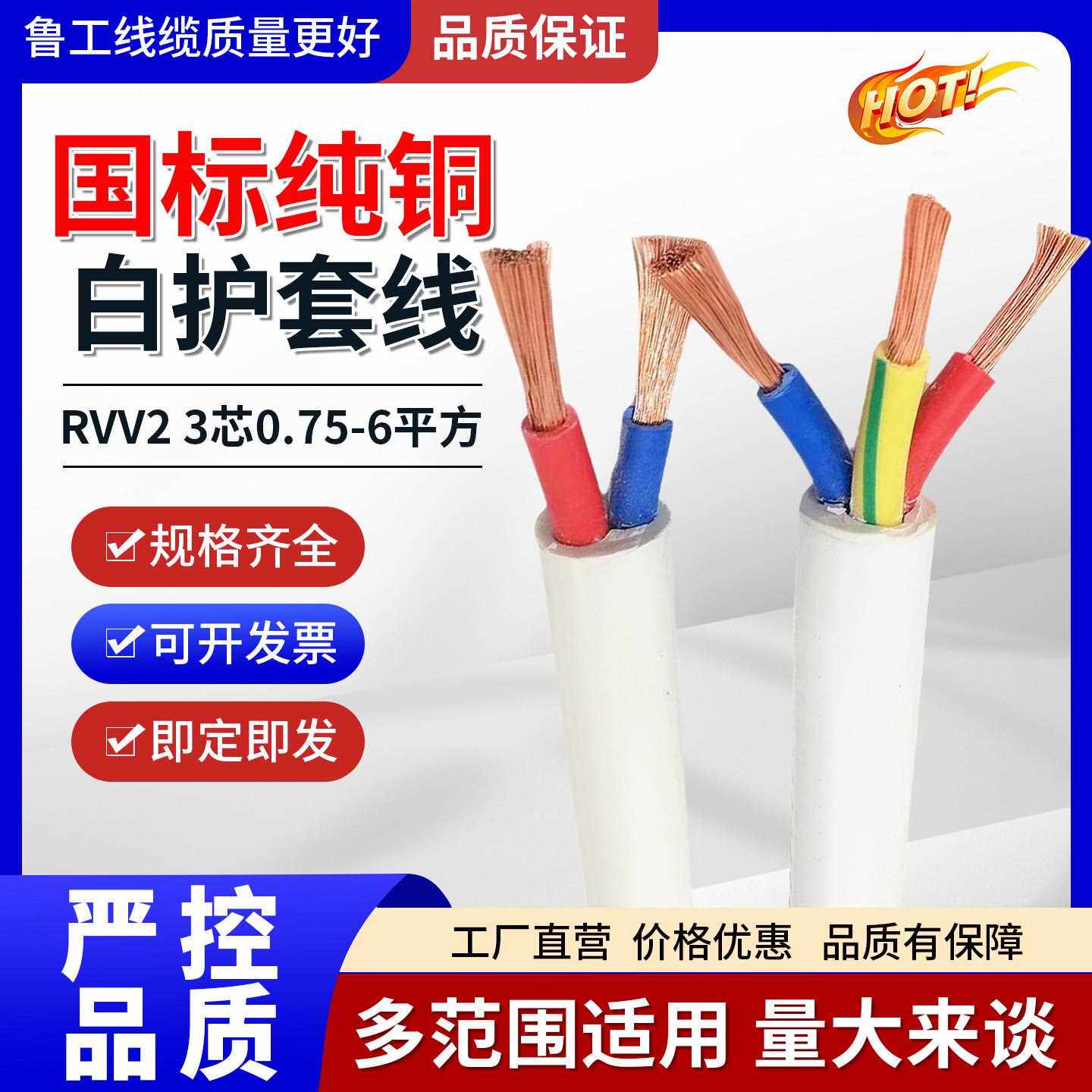 国标rvv铜芯白色护套线2 3芯0.75/1/1.5/2.5/4/6平方电源线软电线