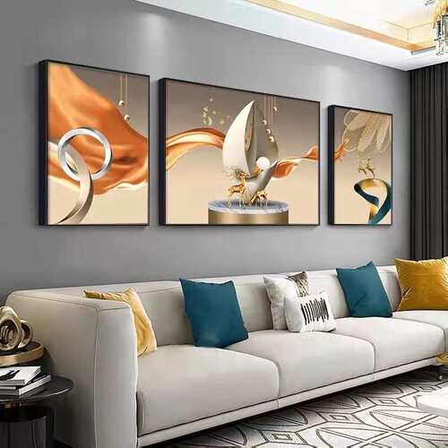 现代简约客厅装饰画抽象沙发背景画挂画北欧轻奢三联晶瓷壁画镶钻