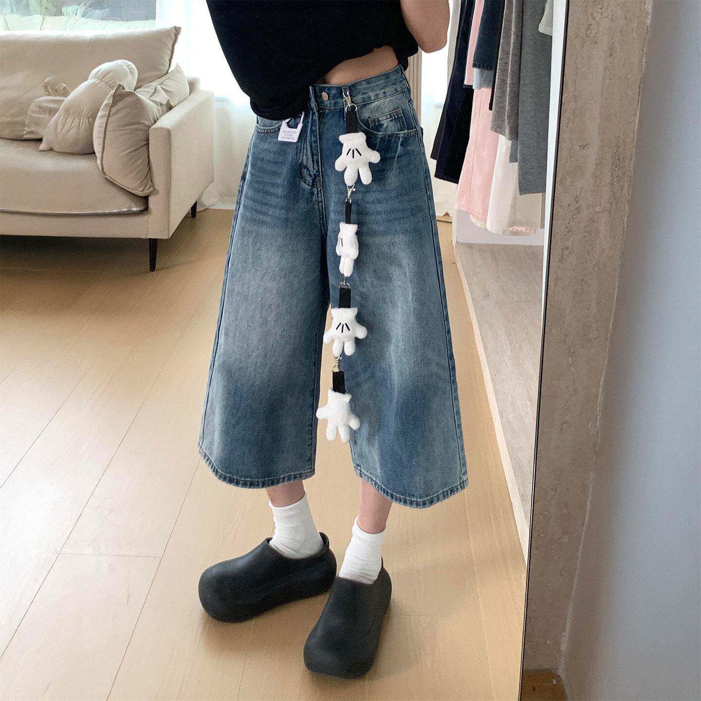 梨型身材蓝色七分牛仔短裤女春季新款胖妹妹mm高腰宽松显瘦阔腿裤