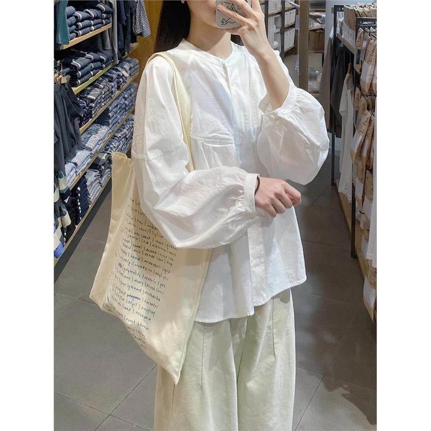 NextMary法式白色圆领长袖衬衫女春夏季气质衬衣高级感泡泡袖上衣