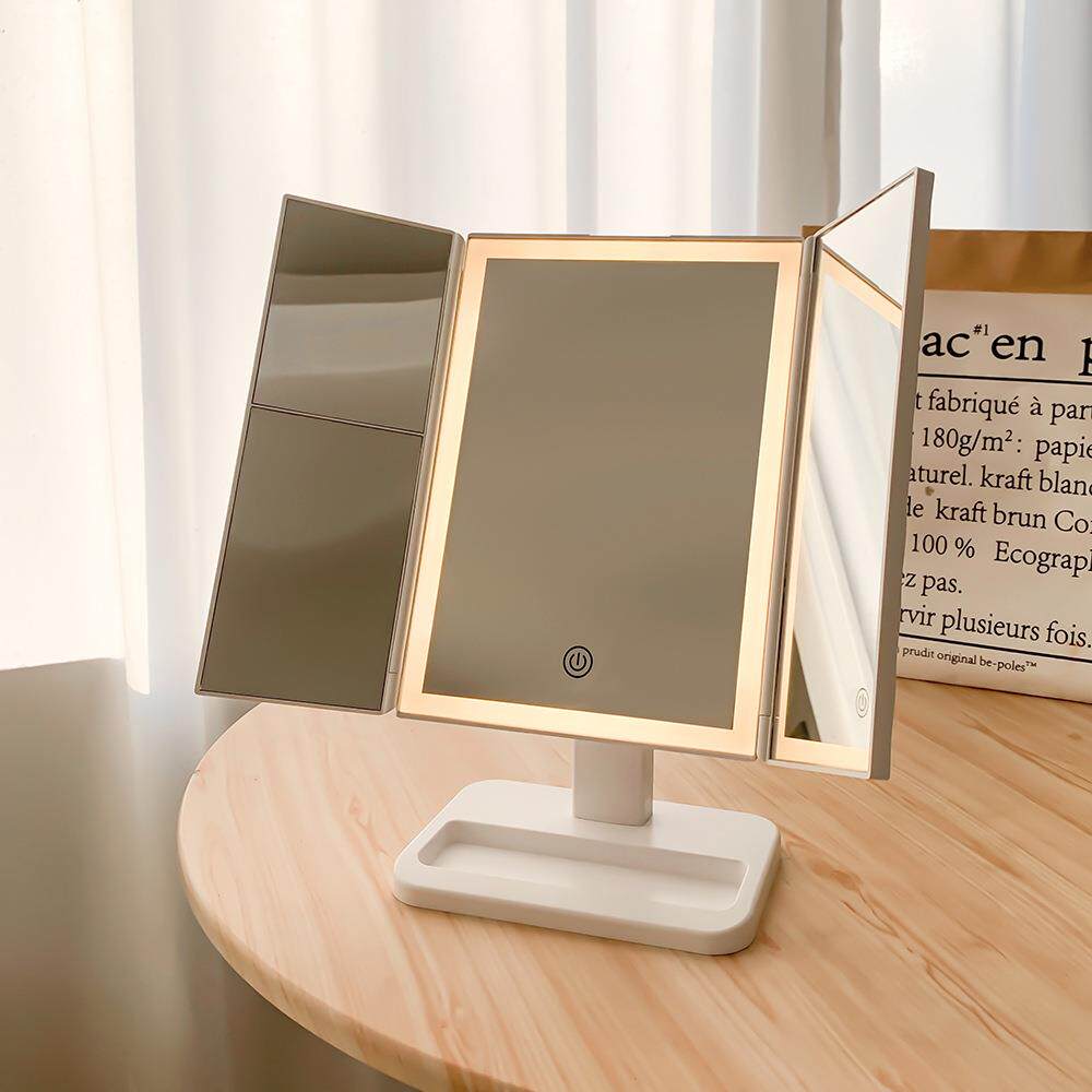 爆款皮纹led化妆镜贝壳镜带灯镜子双开门补光镜三面折叠化妆镜