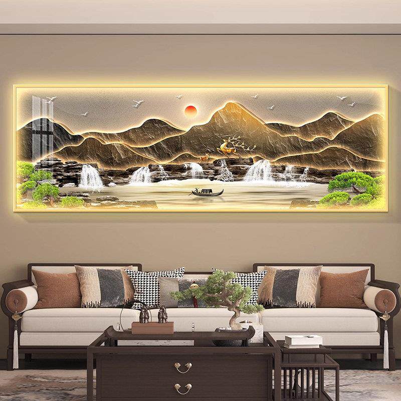 流水生财风景聚宝盆山水有靠山灯光画客厅装饰画办公室背景墙挂画