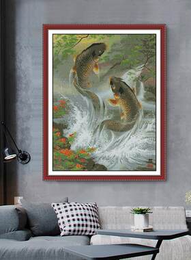 厂家货源十字绣鲤鱼跃龙门客厅年年有余竖版玄关动物装饰挂画