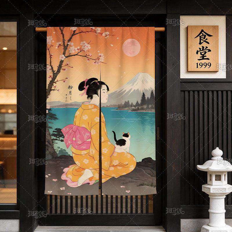 日式和风门帘定制春日樱花和服少女图案隔断家居装饰质感日系传统