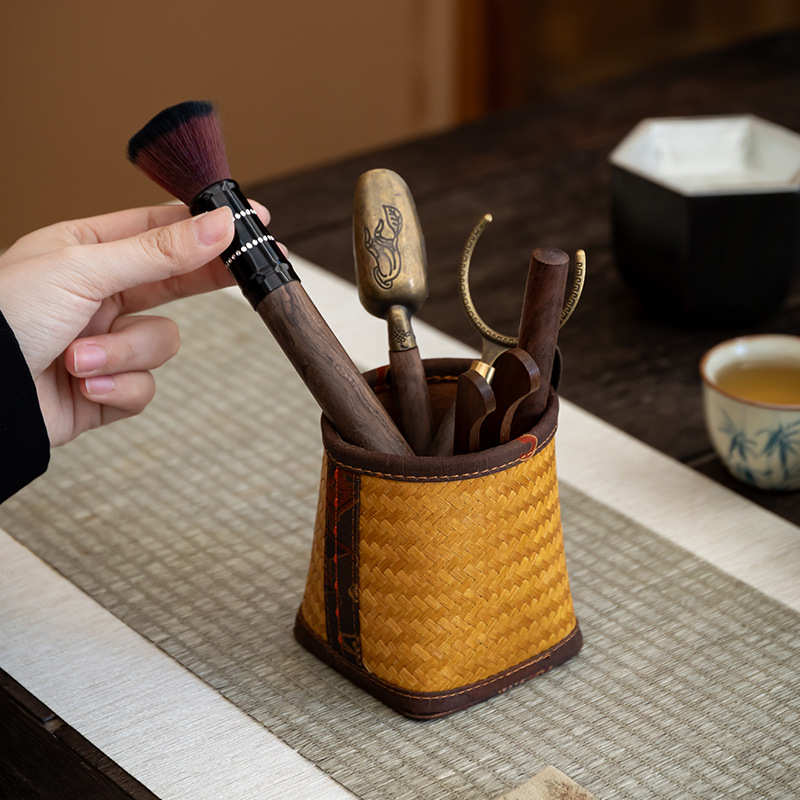 手工竹编缎面印花笔筒茶道六君子收纳筒复古茶道筒复古茶道零配