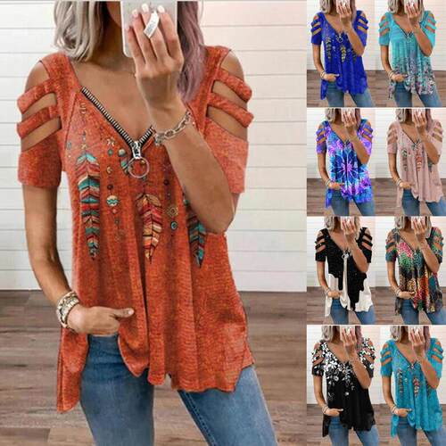 Women's collar zipper pullover printed short sleeved
