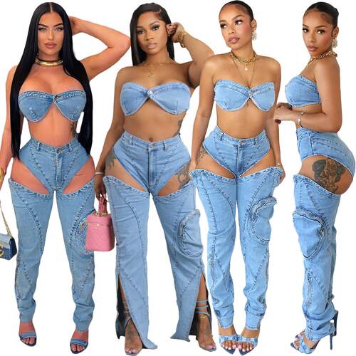Street Denim Pants Outfit Set Sexy Women Two Pieces Elegant
