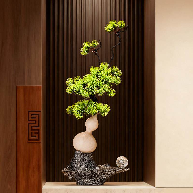 新中式玄关迎客松招财葫芦花瓶摆件客厅插花高档电视柜装饰工艺品