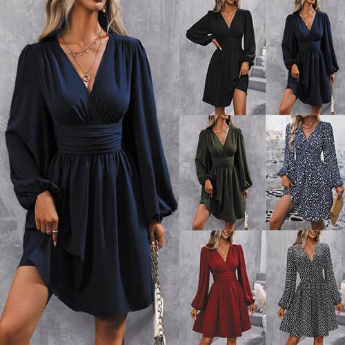 Womens Plain Deep V Neck Dress Casual Bishop Sleeve A Line