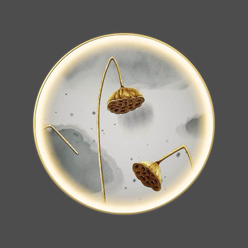 莲网HXM80398中式装饰画光圆形茶入室壁画荷花发禅蓬意玄关户挂画