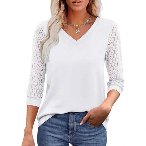 3/4 Length Sleeve Womens Tops V-Neck Lace Tunic Tops F