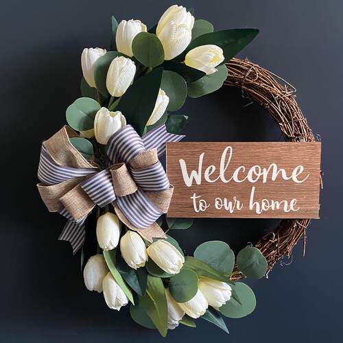 2025跨境新款枯枝木牌郁金香花环Welcome to our home挂牌装饰品