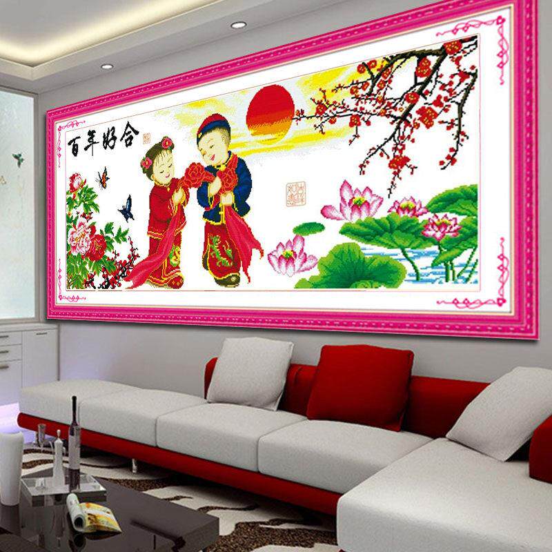 2025年新线绣百年浩河十字绣成品机绣婚纱风格新婚客厅绣品待售