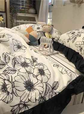正品赫本风 isn黑色花边园色风小碎花床上四田件套全棉纯棉被套蓝