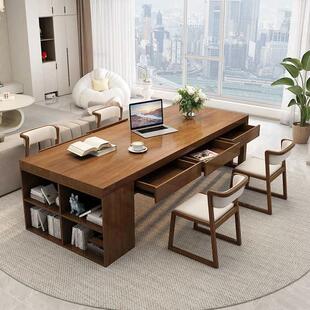 客厅化大长书桌书柜工作台家用实木餐带抽屉书桌一体客厅学习桌