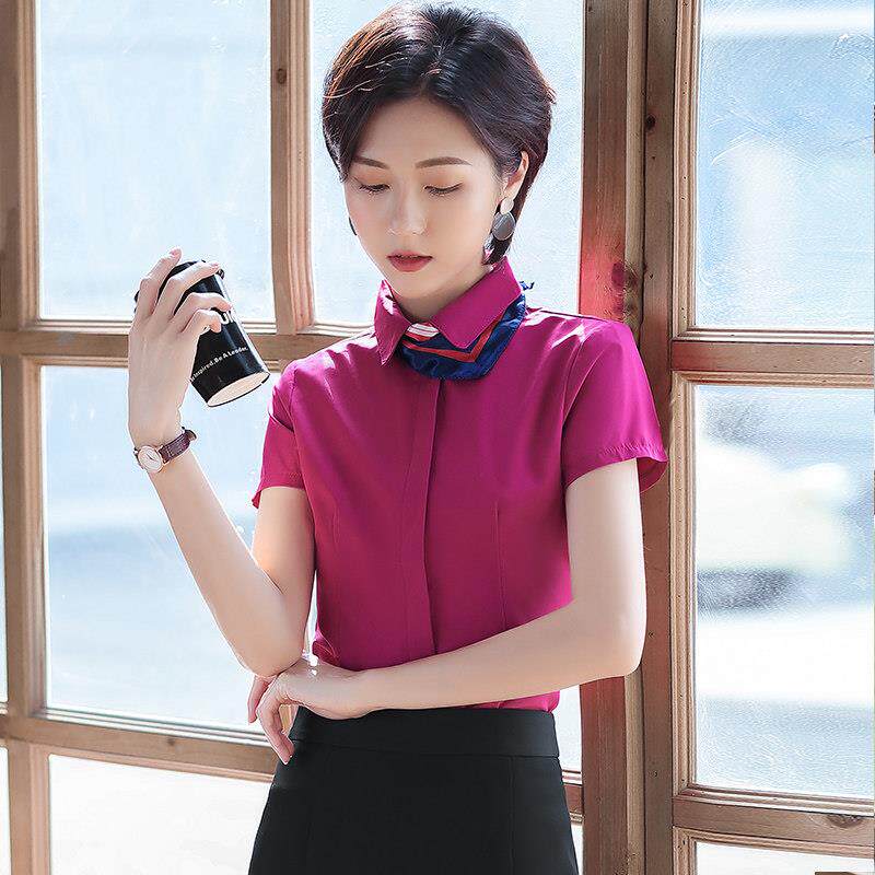 玫红色衬衫女夏季短袖气质修身职业正装衬衣酒店工装美容院工作服