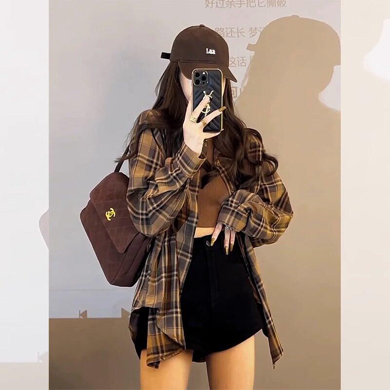 美式覆古格子衬衫女宽松春秋新款设计感小众小个子防晒外套上衣