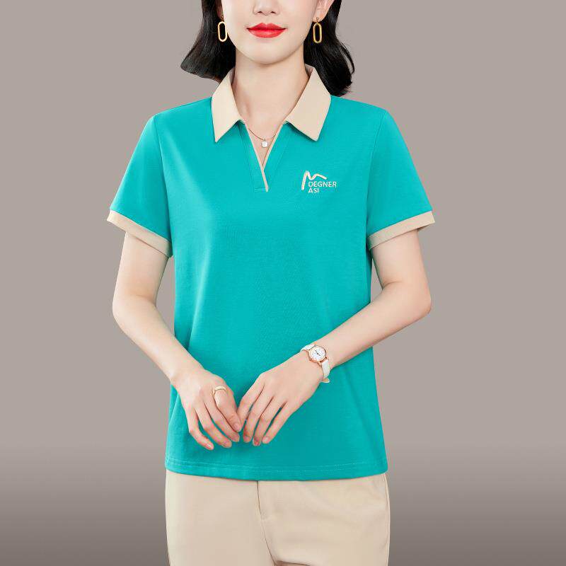 翻领纯棉短袖t恤女夏中年妈妈宽松polo衫2024年广场舞红色团队服