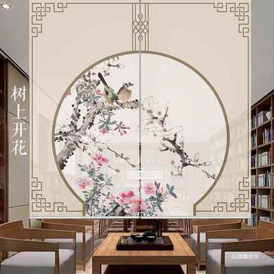 新中式窗山帘风卷帘悬挂式帘tb-57906子客厅隔间门帘水画挂帘帘办