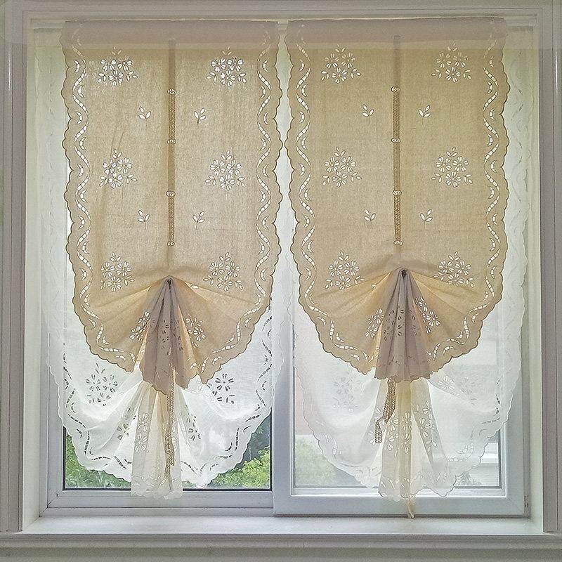 成品气球帘提拉帘纱镂空美式棉麻遮光卧室升降小窗帘免打孔可黏贴