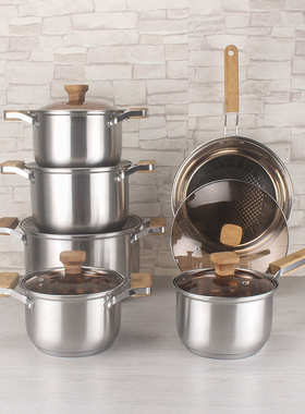 底 竹stainless锅把 具不锈钢pot汤锅soup五层steel12pcs  复