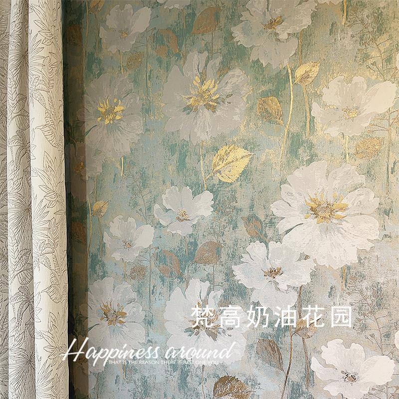 都泽 梵高奶油花园 油画绿艺术风无缝墙布 会所床头背景墙布别墅