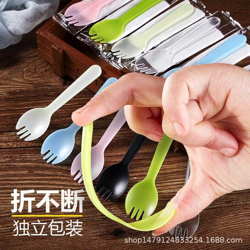 新款直销独立包装一次性彩色塑料勺子长款叉勺一体蛋糕叉 三齿勺
