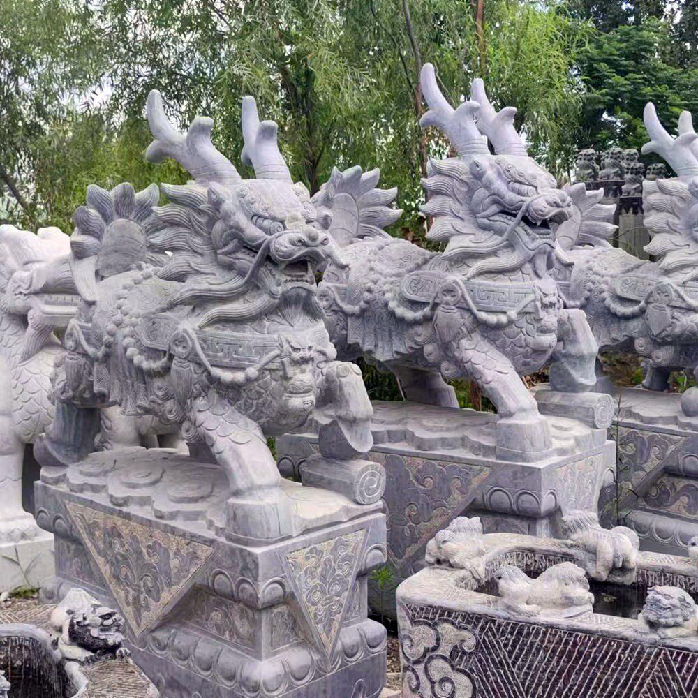 石雕青石麒麟一对石狮子复古庭院看门家用镇宅招财别墅门口摆件