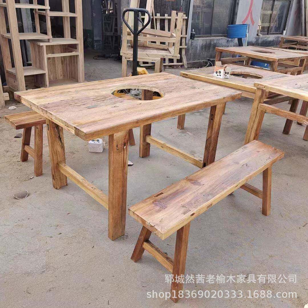 新款老榆木餐桌火锅店正方形长方形饭桌农家乐面馆加厚餐桌椅组合