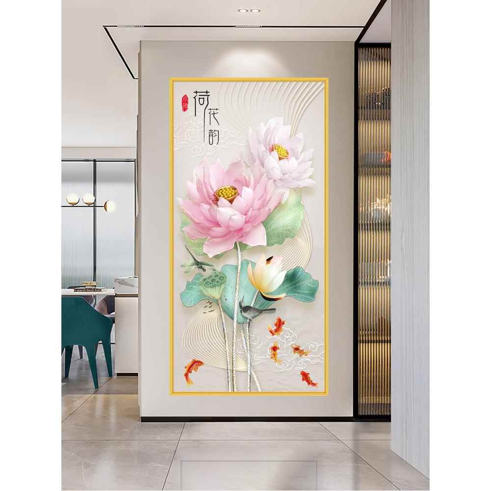 玄关装饰画入户壁画荷花九鱼图客厅装饰画新中式衣柜卫生间门贴画图片