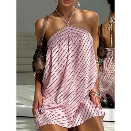 Women's Striped Print Halter Neck Dress  Bohemian Halter