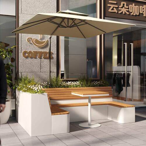 户外铁艺不锈钢花箱坐凳组合金属围栏隔断带太阳伞靠背定制款花坛